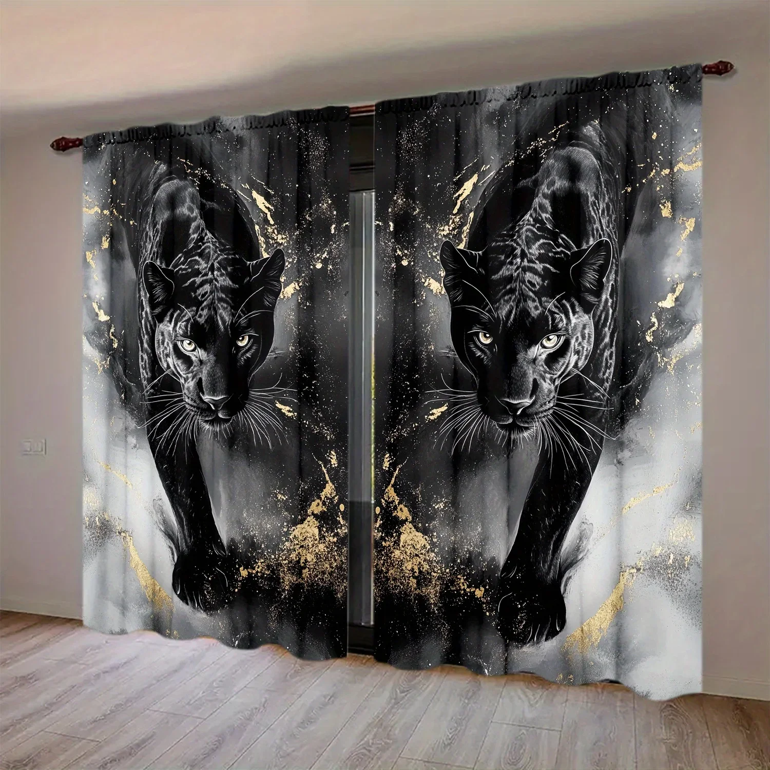 Elegant Black Cat Gold Paint Splatter Living Room Curtains Modern Abstract Animal Art Home Decor Window Drapery