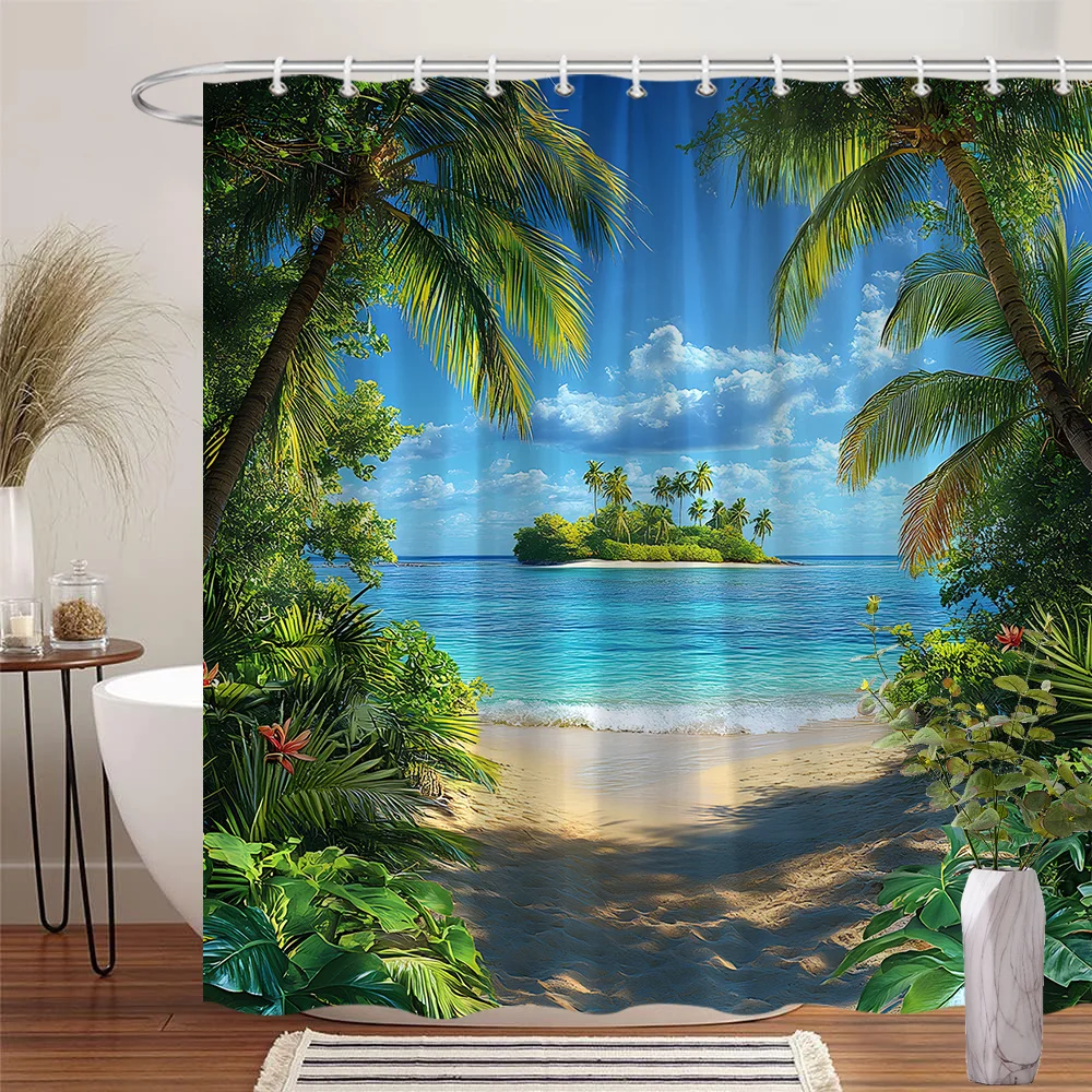 

1 шт., тропическая пляжная занавеска для душа Serene с пальмовыми деревьями, бирюзовым океаном и фотореалистичным дизайном пышной листва - 70x70 дюймов Mach