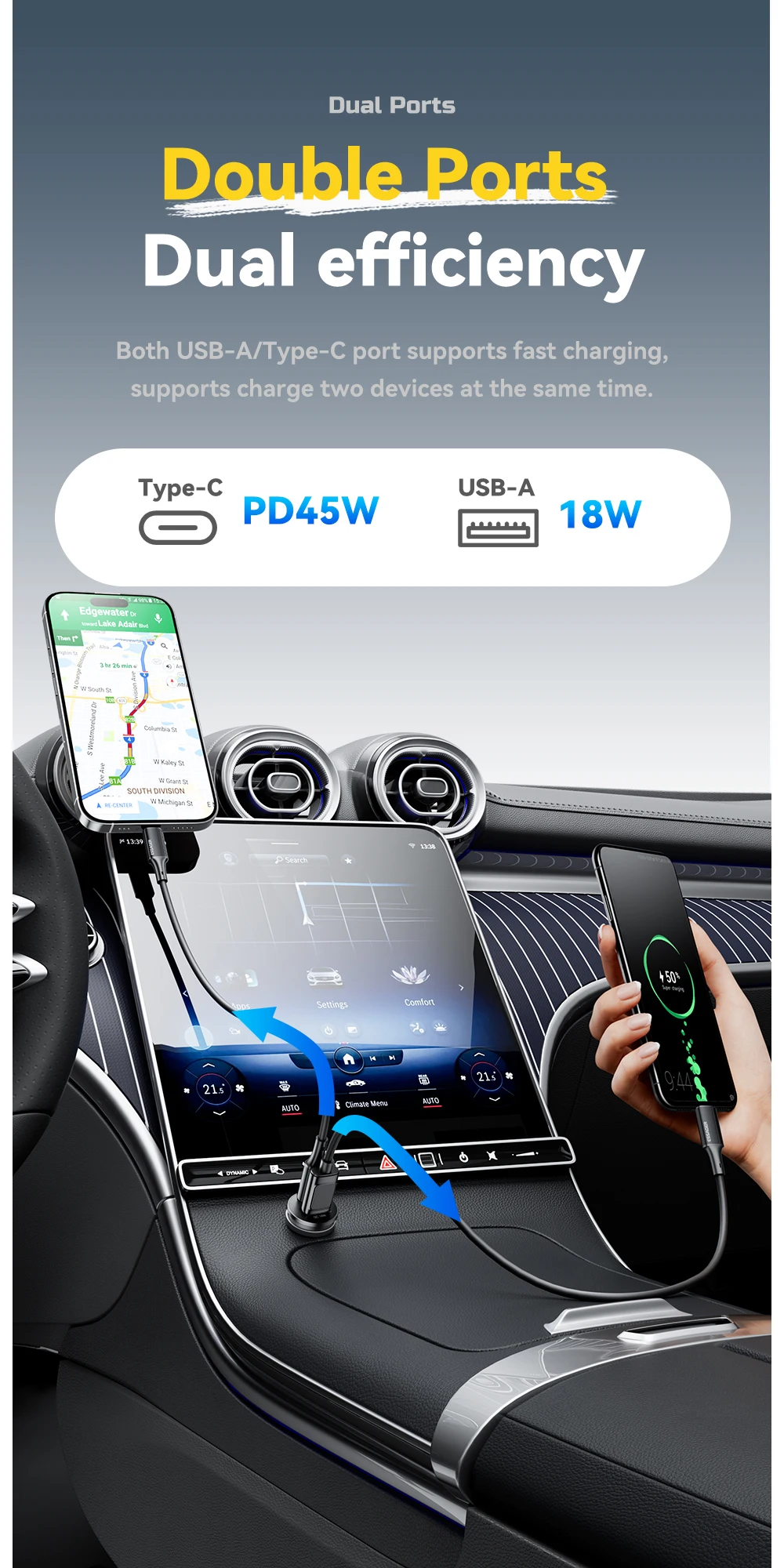 Essager 45W Mini USB Car Charger QC 3.0 PD 3.0 SCP AFC USB Type C Car Mobile Phone Charger For iPhone Huawei Samsung Xiaomi iPad