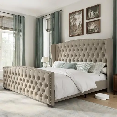 Queen Size Bed Frame with Velvet Upholstered Wingback Headboard | Handmade Deep Button Tufted & Nailhead Trim Footboard