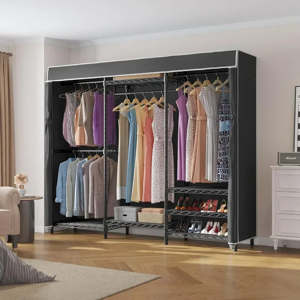 Clothes Cupboard with Black Cover, Adjustable Custom Freestanding, Max Load 890LBS, Easy Assembly, Wardrobes