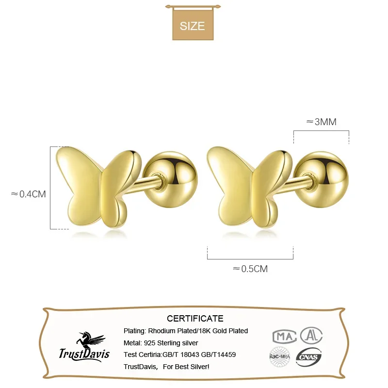 TrustDavis Real 925 Sterling Silver Fashion Insect Butterfly Bead Screw Stud Earrings For Women Wedding Fine Jewelry DA2464