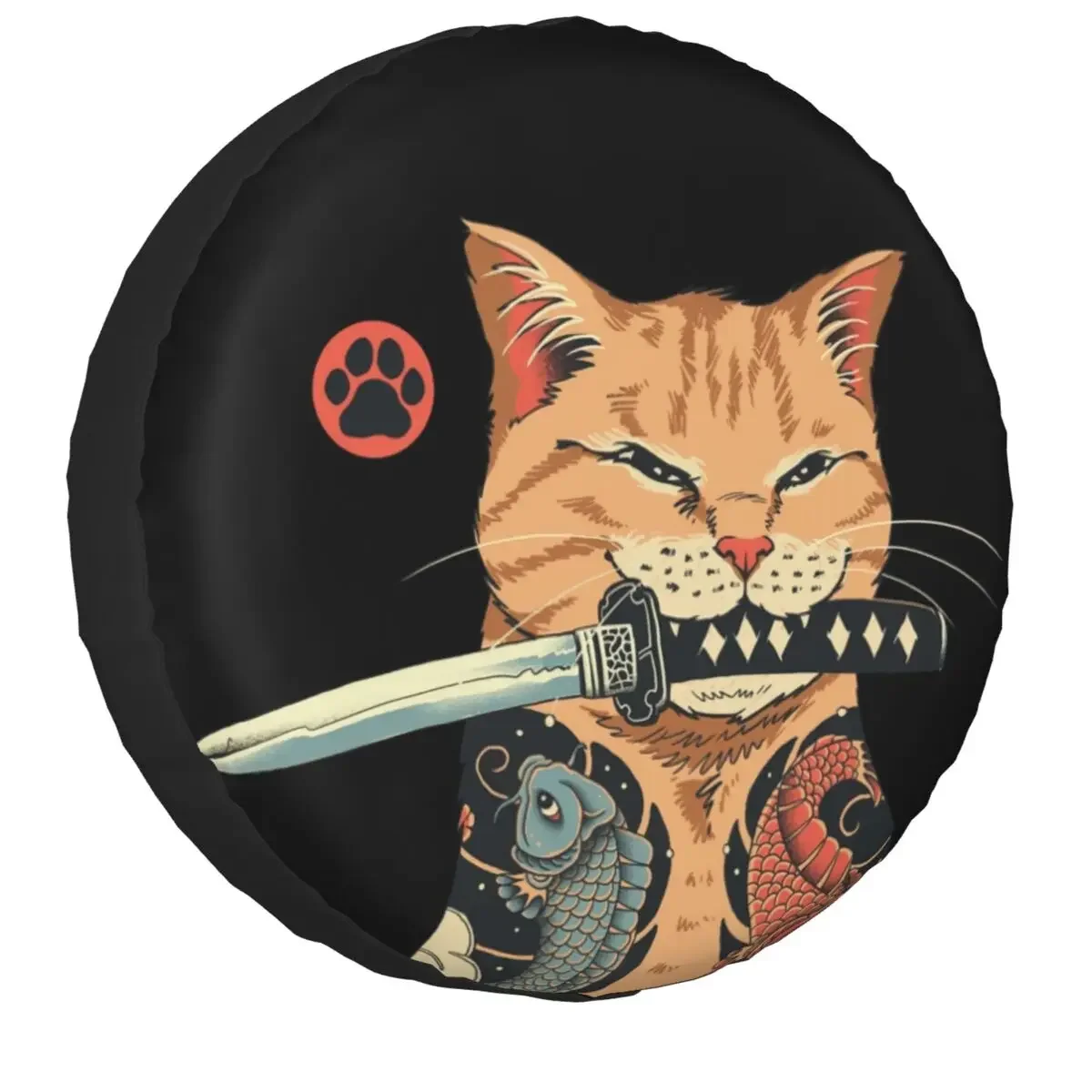 Japanese Cat Samurai Pattern Spare Tire Cover Wheel Protectors Water Dustproof Universal Fit for SUV Truck Camper Travel Trailer
