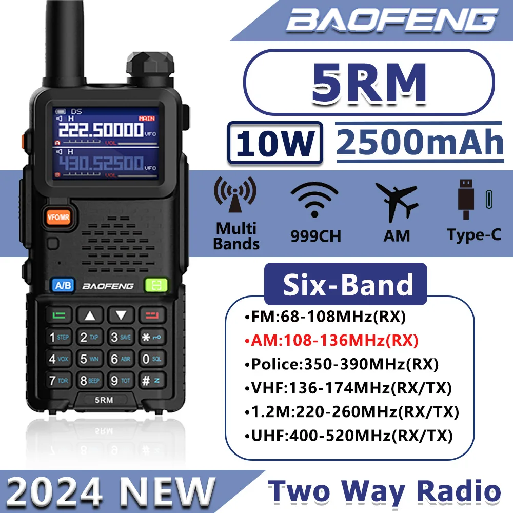 2024 New baofeng 5RM 8W multi-band handheld radio 2500mAh 999CH Type-C direct charging long range two-way radio