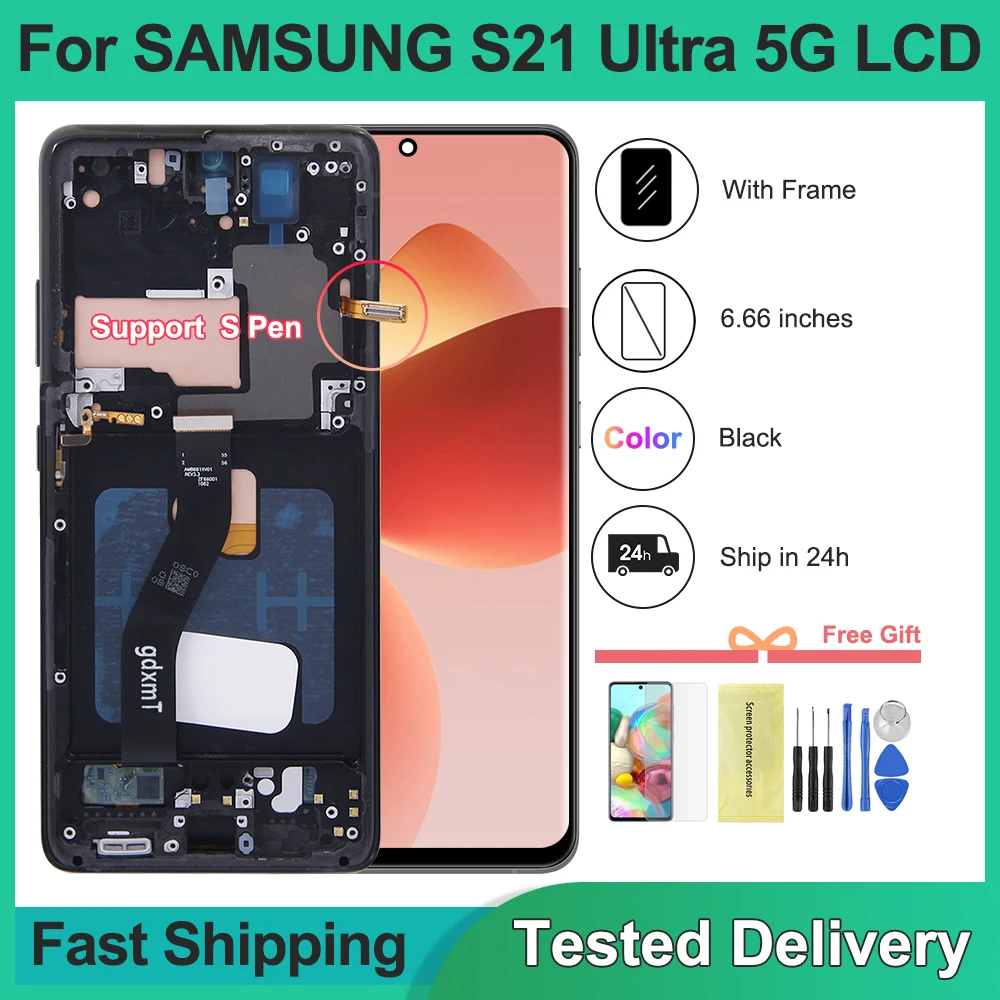 

6.66'' Tested For Samsung S21 Ultra 5G LCD G998 G998U Display Touch Screen With Frame For Samsung S21Ultra G998B Display Replace