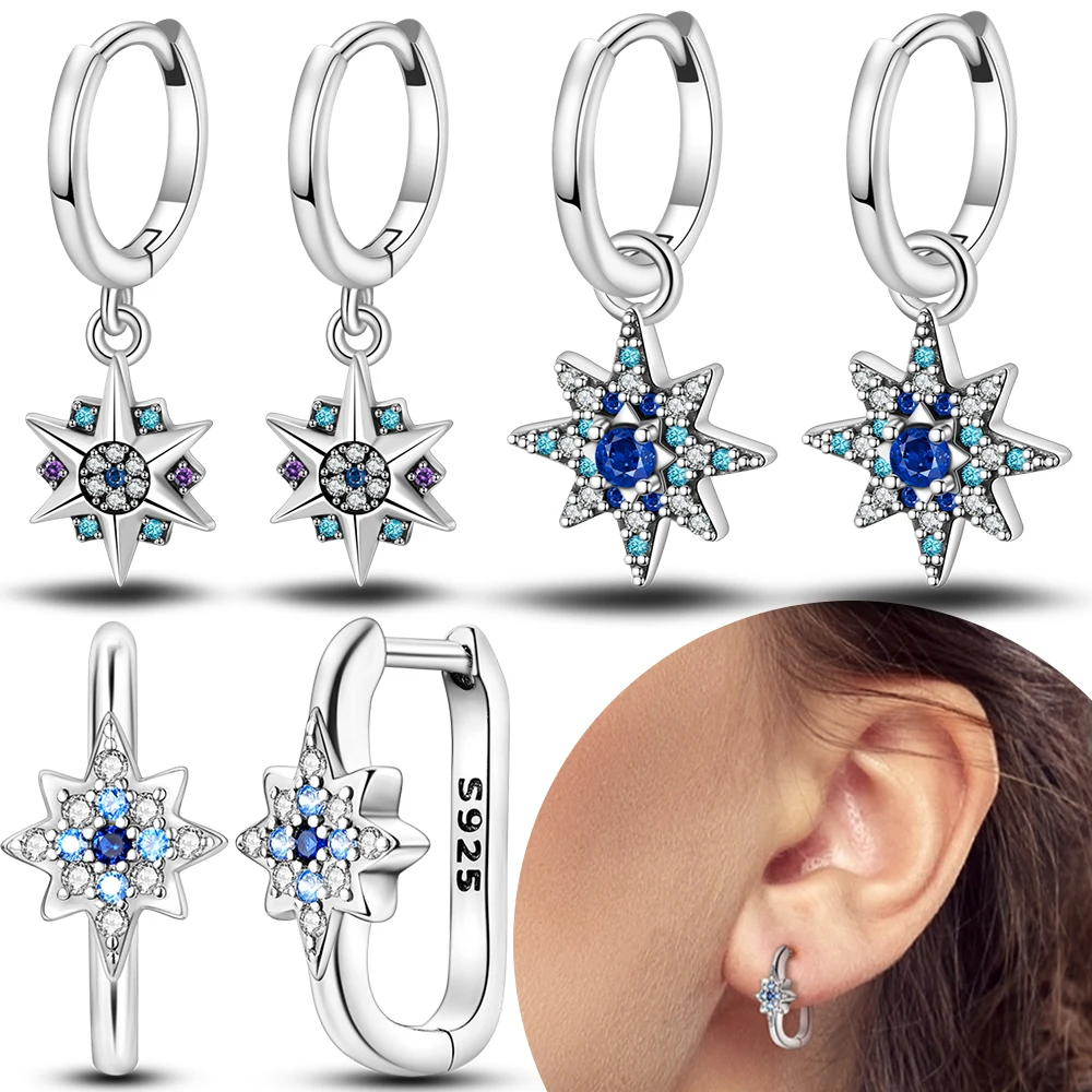 Blue CZ Starburst Hoop Earrings Original Silver Plated Woman' Earring Valentine Anniversary Earrings Jewelry Fine Gift Accessory
