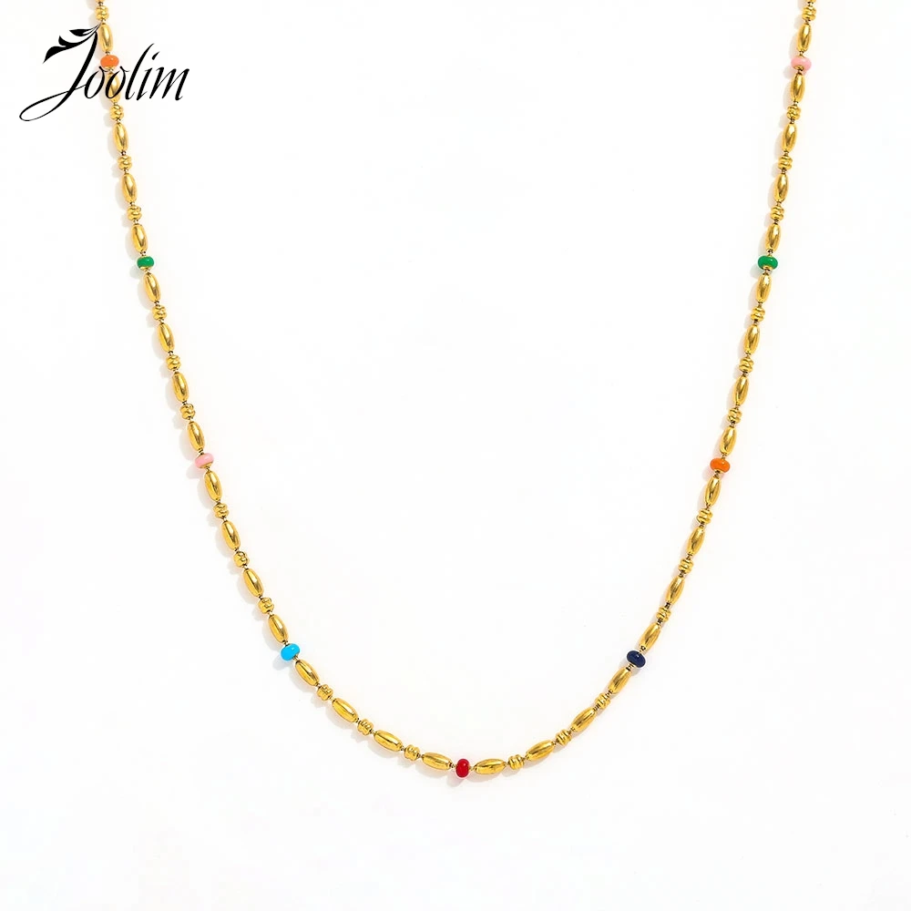 

Joolim Jewelry Wholesale Waterproof Fashion Versatile Seven Colorful Drop Glaze Basic Chain Stainless Steel Necklace for Women
