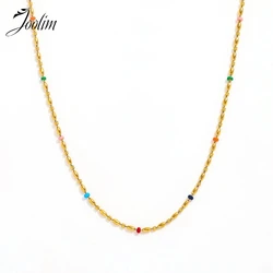 Joolim Jewelry Wholesale Waterproof Fashion Versatile Seven Colorful Drop Glaze Basic Chain Stainless Steel Necklace for Women