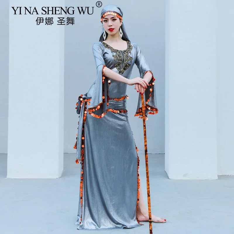 

Элегантный халат для танца живота с длинными рукавами и юбкой с разрезом из пайеток для женщин и взрослых, профессиональная танцевальная одежда