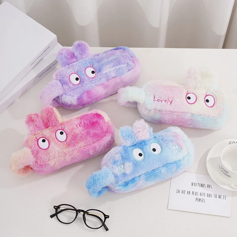 1Pc Kawaii Cartoon Lovely Ins Plush Pouch Pencil Case Zipper Fluffy Large Capacity Pen Bag School Korean Stationery Storage Bag