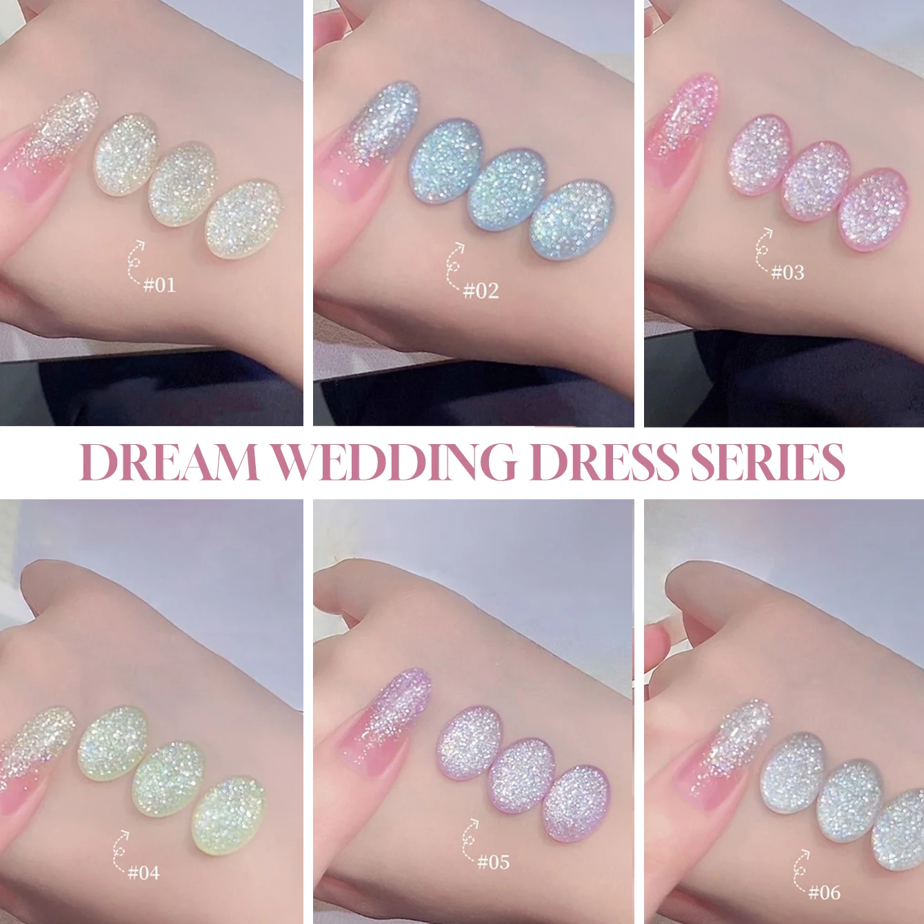 1-6PCS 다이아몬드 글리터 신부 젤 매니큐어 스파클링 쉬머링 오래 지속되는 네일 용품 봄 여름 결혼식