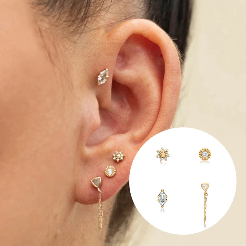 CANNER Earrings For Women Small Flower 4pcs/Set Real 925 Sterling Silver Stud  Piercing Zircon Chains Earring Pendientes Gifts