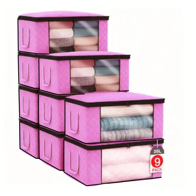 9-Pack Gray Vertical Handle Foldable Clothing Storage with Transparent Window and Handle – Non-Woven Fabric Square Storage