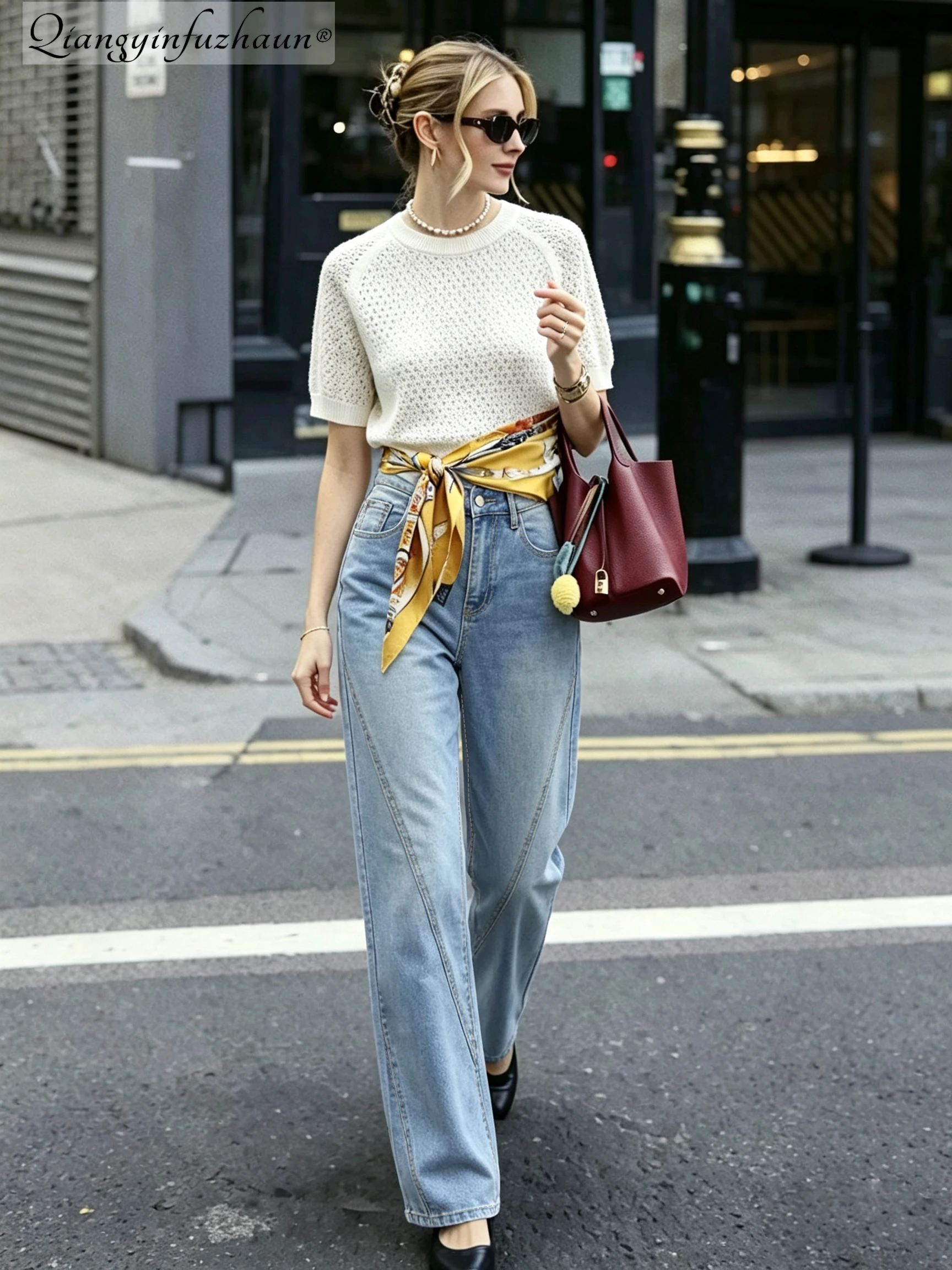 Design: Patchwork Washed Denim Women's High-Waisted Straight Leg Loose-Fitting Slimming Unisex Stylish and Versatile Pants New S