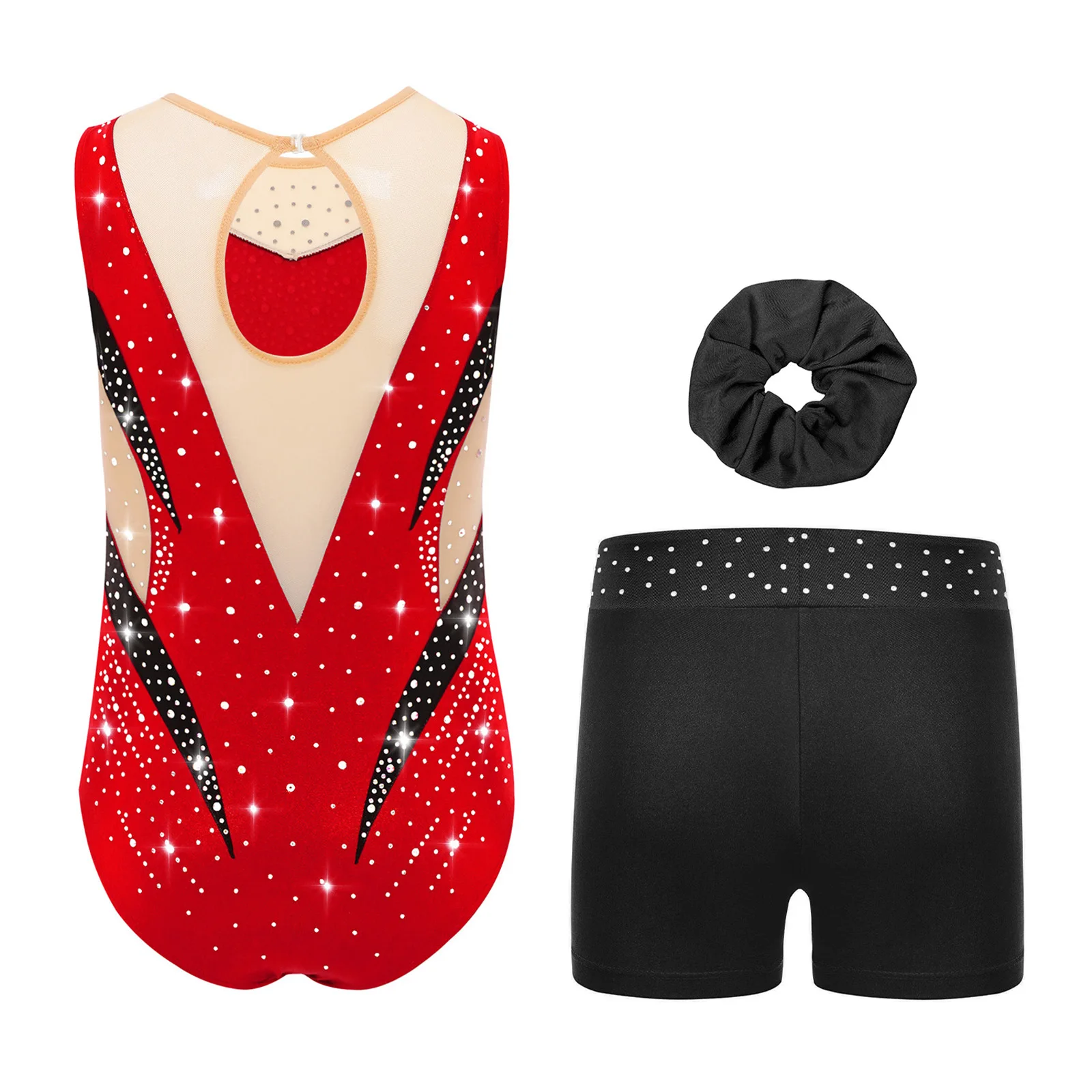 Kids Girls Professional Figure Skating Performance Outfit Color Block Metallic Leotard for Gymnastics Ballet Latin Competition