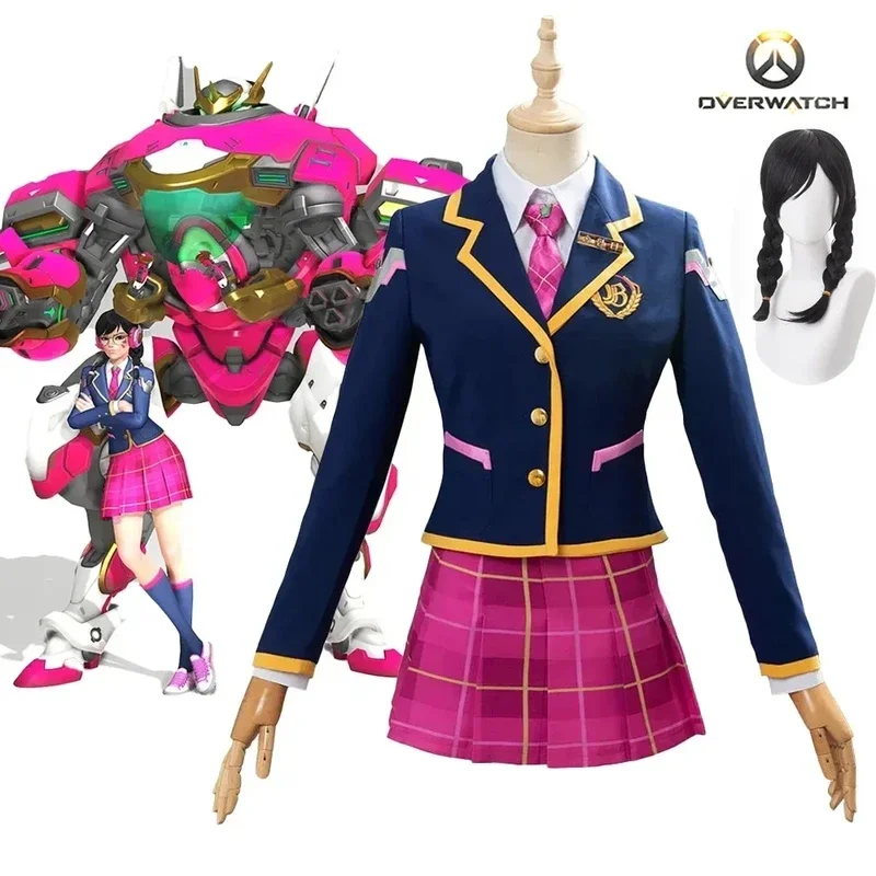 FC6Game Overwatch D.Va Cosplay Costume School Uniform Suit For Women Full Set Coat Shirt Skirt Socks Tie Halloween Carnival@FC8！