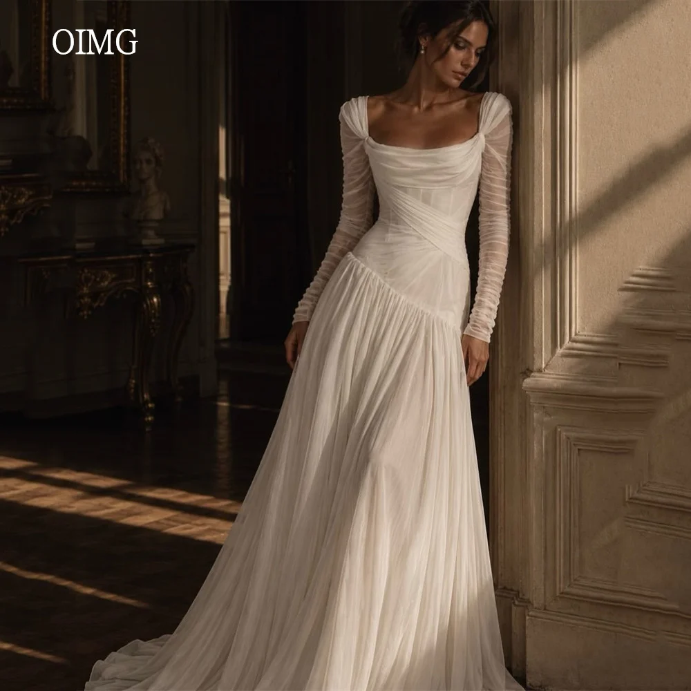 OIMG Boho Full Sleeves A Line Wedding Dress Chiffon Pleated Bride Dresses Floor Length Wedding Gown платье свадебное Customized