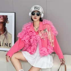 Women Mesh Spliced Ruffles Sequined Tassels Demin Denim Coat Spring Autumn Mesh Pleated Fringed Bomber Jacket Bf Streetwear Tops