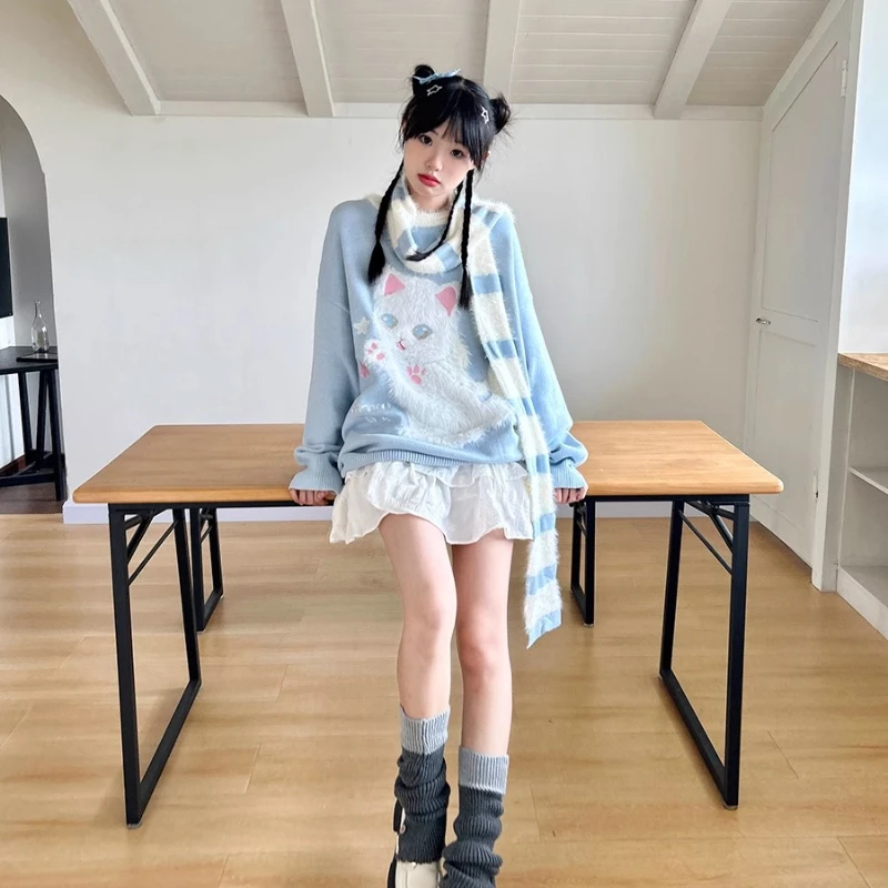 اليابانية الجديدة فتاة نمط فضفاض المرأة الحلو لطيف الخريف الشتاء الكرتون المطرزة البلوفرات رقيقة تنوعا سترة السيدات