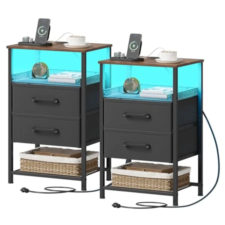 

Nightstand Set of 2 with Charging Station 26.4 Inch Tall Bedside Tables with LED Lights and Metal Shelf 2 Fabric Drawers Rustic