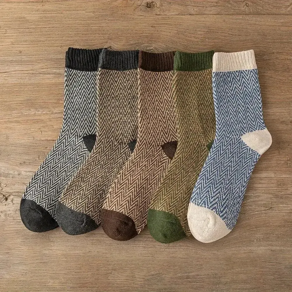 5 Pairs Men Fashionable Patchwork Pattern Wool Socks Warm Winter Mid Length Socks Thickening Soft Cold-resistant Men Boots Socks