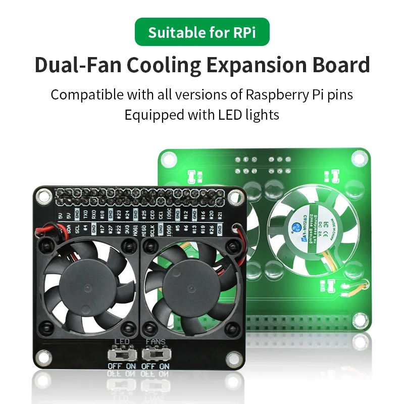 

Raspberry Pi Dual Cooling Fan GPIO Extenstion Board With Green LED For Raspberry Pi 5 4B 3B+ 3B