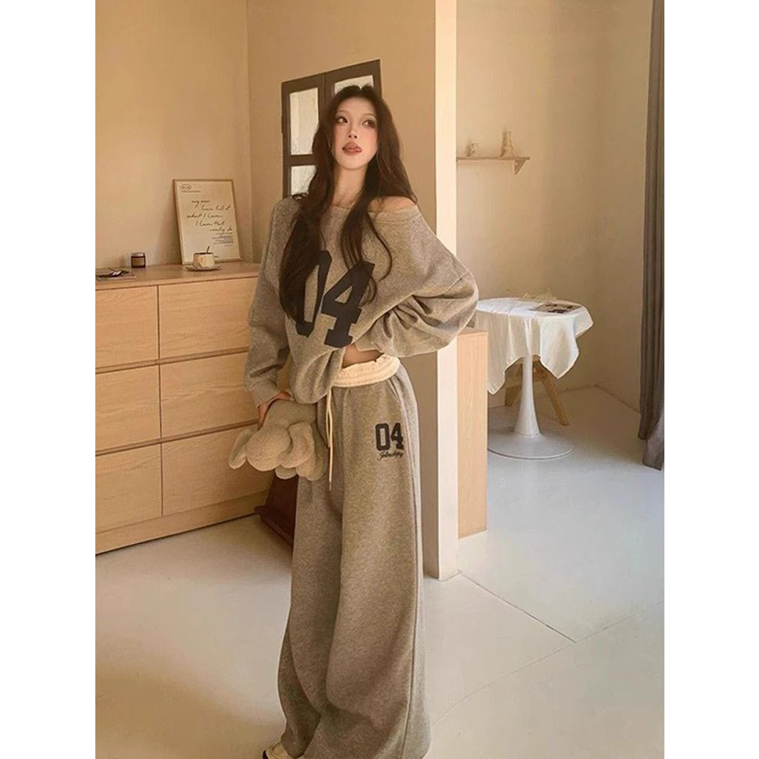 Women's Sportswear Set Long Sleeve Cotton Blend Diagonal Weave Loose Casual Two-Piece Autumn Fashion Shoulder Pad Hoodie