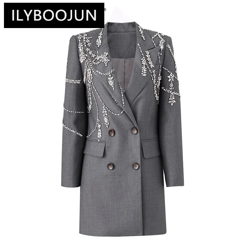 

ILYBOOJUN Solid Patchwork Diamonds Elegant Dresses For Women Notched Collar Long Sleeve High Waist Dress Female Fashion New