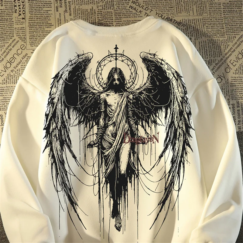 Europe and America y2k Women Men\'s Sweatshirts Angel Wings Printing Autumn Clothes Long Sleeves Crew Neck Oversized Hip Hop Tops