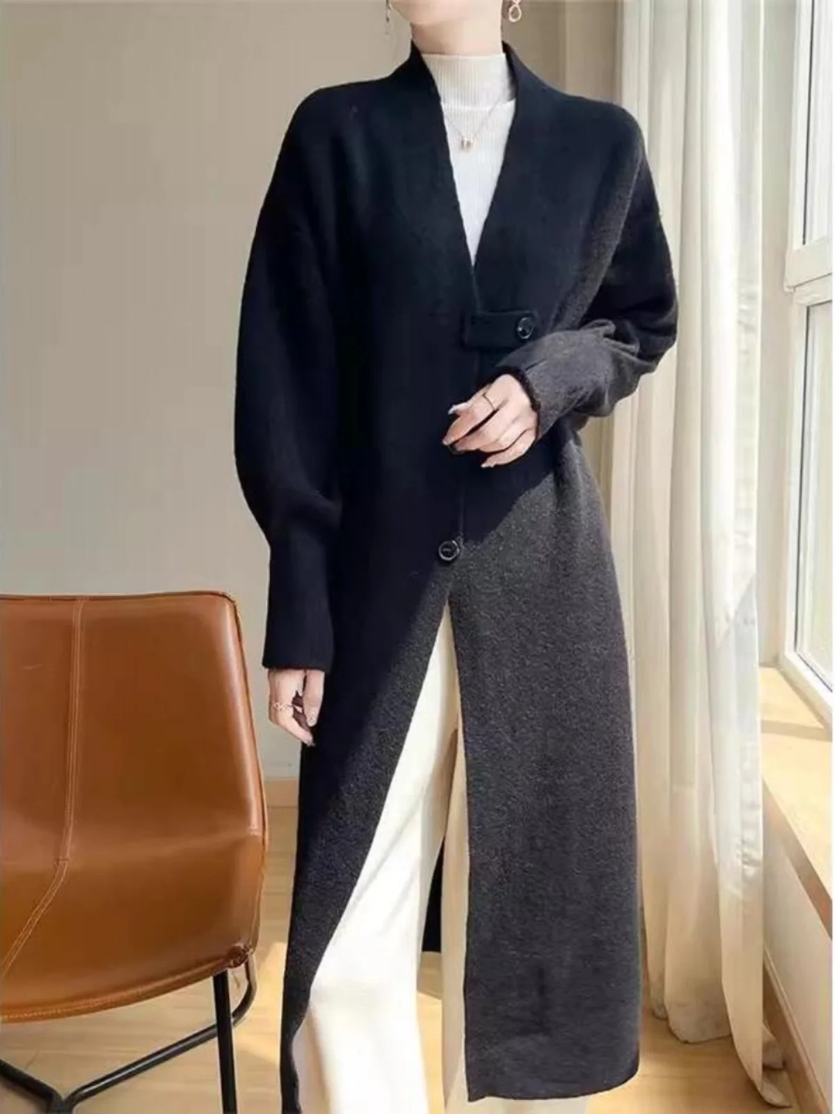 

Ladies Long Knitted Cardigan Casual Warm Outerwear Korean Sle Loose Fit Sweater Coat V-Ne Button up Autumn Winter Coat