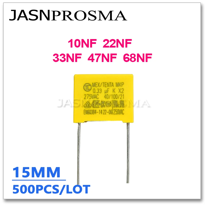 JASNPROSMA X2 275VAC 10NF 22NF 33NF 47NF 68NF Pitch 15mm 500PCS 0.01UF 0.022UF 0.033UF 0.047UF 0.068UF 10% K Safety Capacitor