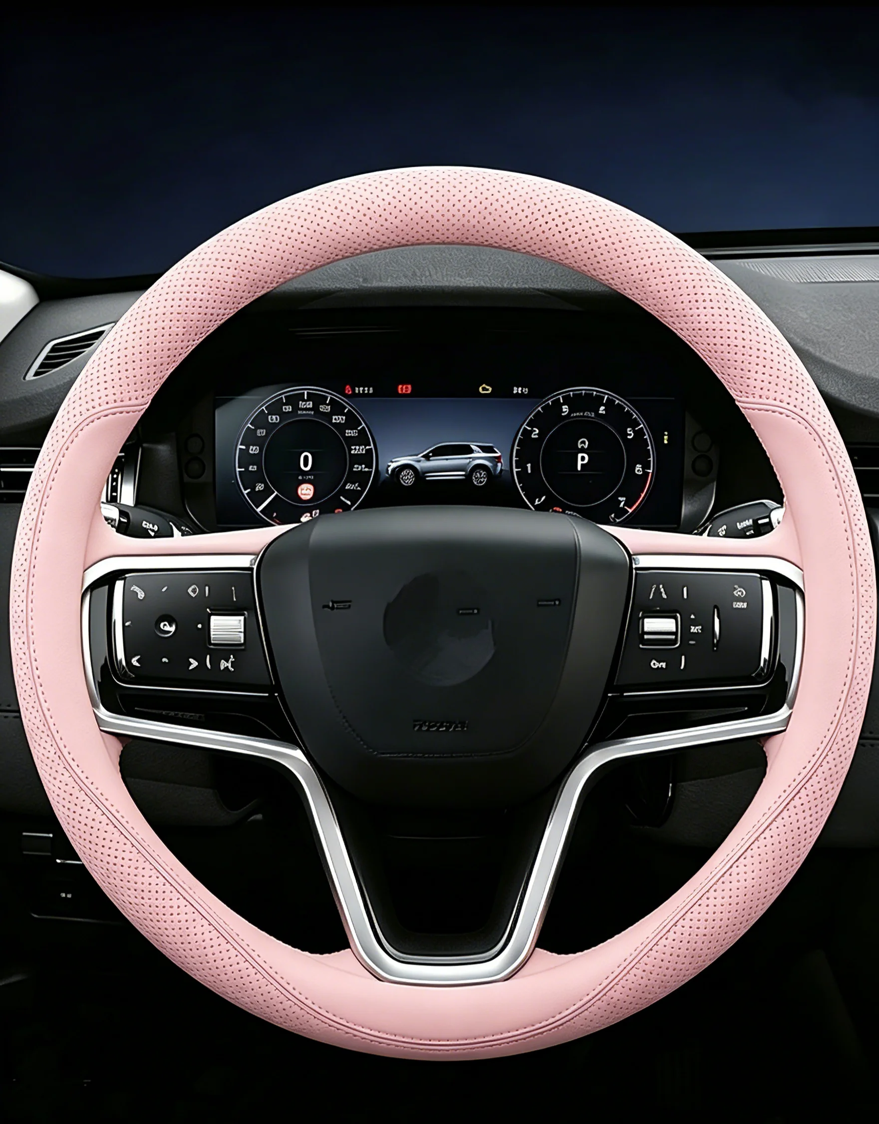 Summer Women Macaron Leather Round Steering Wheel Cover, Breathable Anti-Slip Universal 14.5-15Inch Auto Accessory, Premium Pink