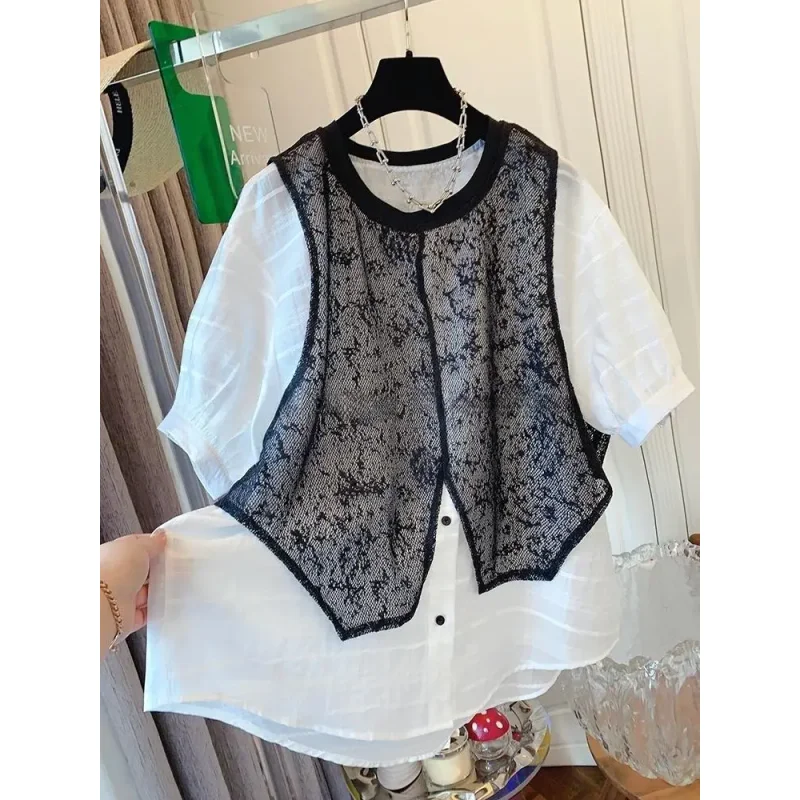

Women Summer New Casual All-match Blouse Female Fashion Versatile Fake Two Short Sleeved Shirts Loose Top Shirts Women