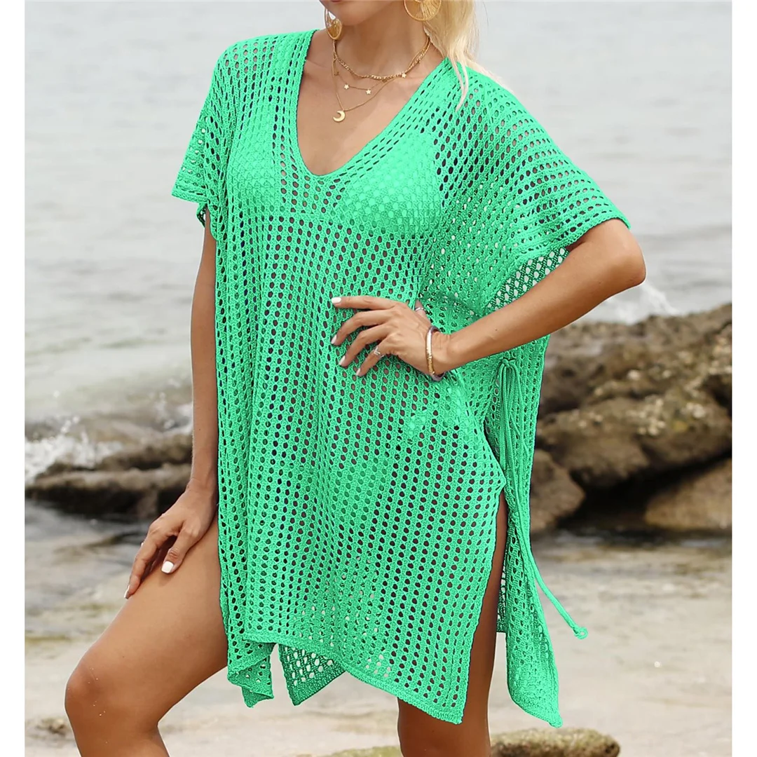 Kurzarm-Tunika mit V-Ausschnitt und Aushöhlungen, gehäkelt, Strickkleid, Strandkleid, Strandmode, Strandbekleidung, Strand-Cover-up, Damen, V8061 – Detail 10