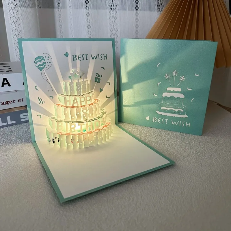 

3D Musical Birthday Cake Card LED Light Pop-Up Greeting Cards with Envelope for All Occasion Girl Kid Wife Postcards Drop Ship