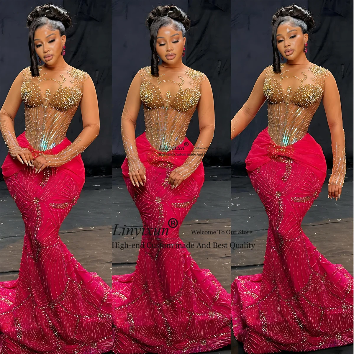 

Sparkly Rhinestone Crystals Mermaid Prom Dress African Black Girl Evening Party Gown Customized Aso Ebi Aso Ebi Robe De Soiree