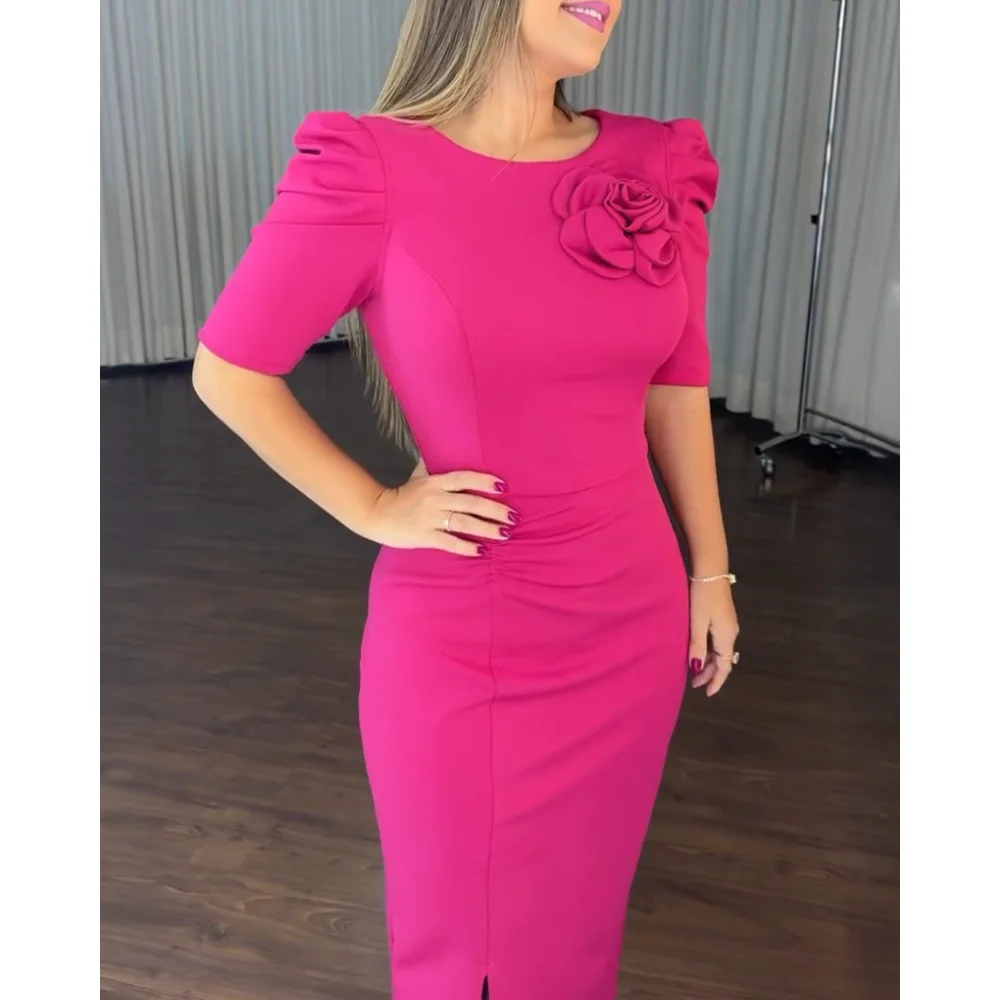 พัฟแขนBodyconชุดราตรียาวElegantชุด 3Dดอกไม้ตกแต่งRobe Longue Femme HemแยกMidiชุด