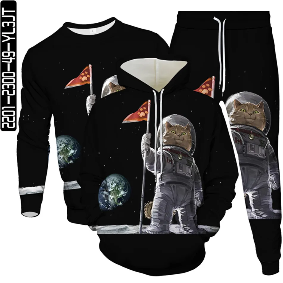 3Pcs Hoodies Sweatshirts Trousers Set Astronaut Planet Harajuku Galaxy Animal Cat Sloth US Flag 3D Printed Men Tracksuit Clothes