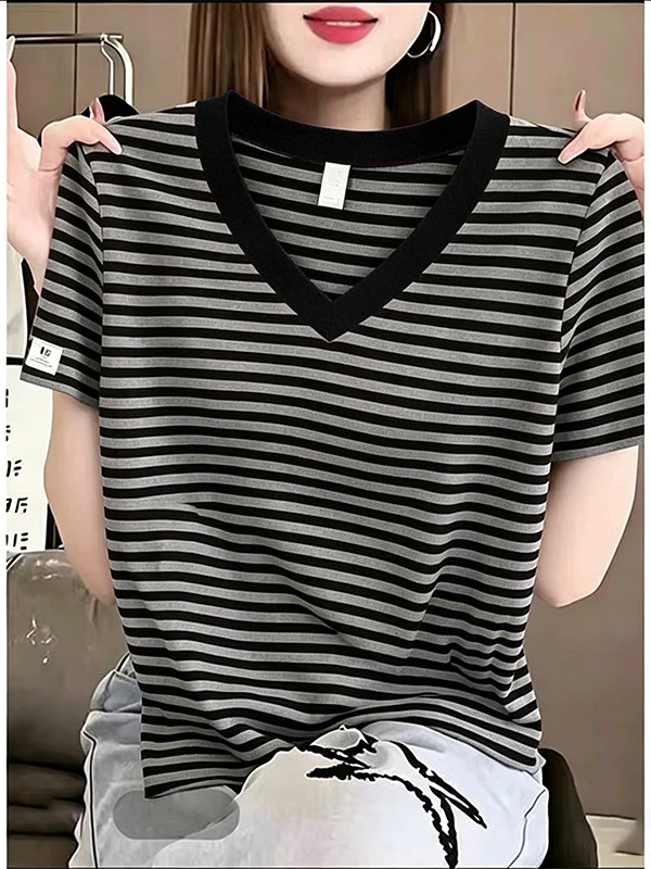 2026 New Style Women's Loose Fit V-Neck Short Sleeve T-Shirt Striped Color Block Slimming Top Casual Comfortable Breathable