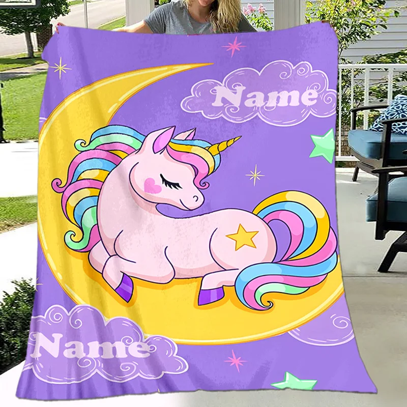 Custom name sleeping unicorn flannel blanket, suitable for sofa, bed, birthdays, children, friends, gifts
