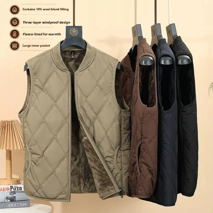 Winter Men 's Fleece Warm Vests Outdoor Zipper Round Neck Sleeveless Coat Cold-proof Thick Cotton-padded Jacket Waistcoat