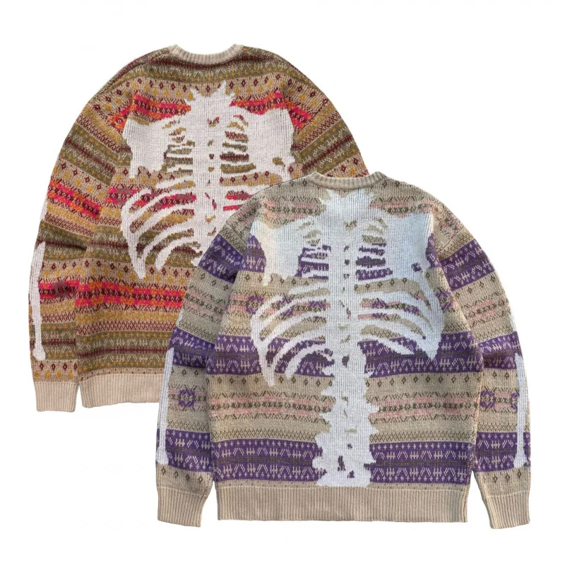 

DAVIDSHAO EU US Size Vintage Hirata Bone Skeleton Round Neck Ethnic Style Retro Knitted Pullover Sweater