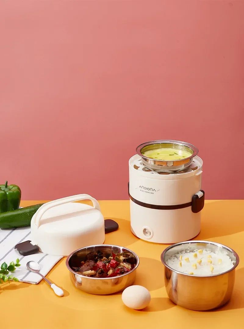 1.8L Mini Stainless Steel 3 Layers Electric Rice Cooker Steamer Portable Meal Thermal Heating Lunch Box Food Container Warmer
