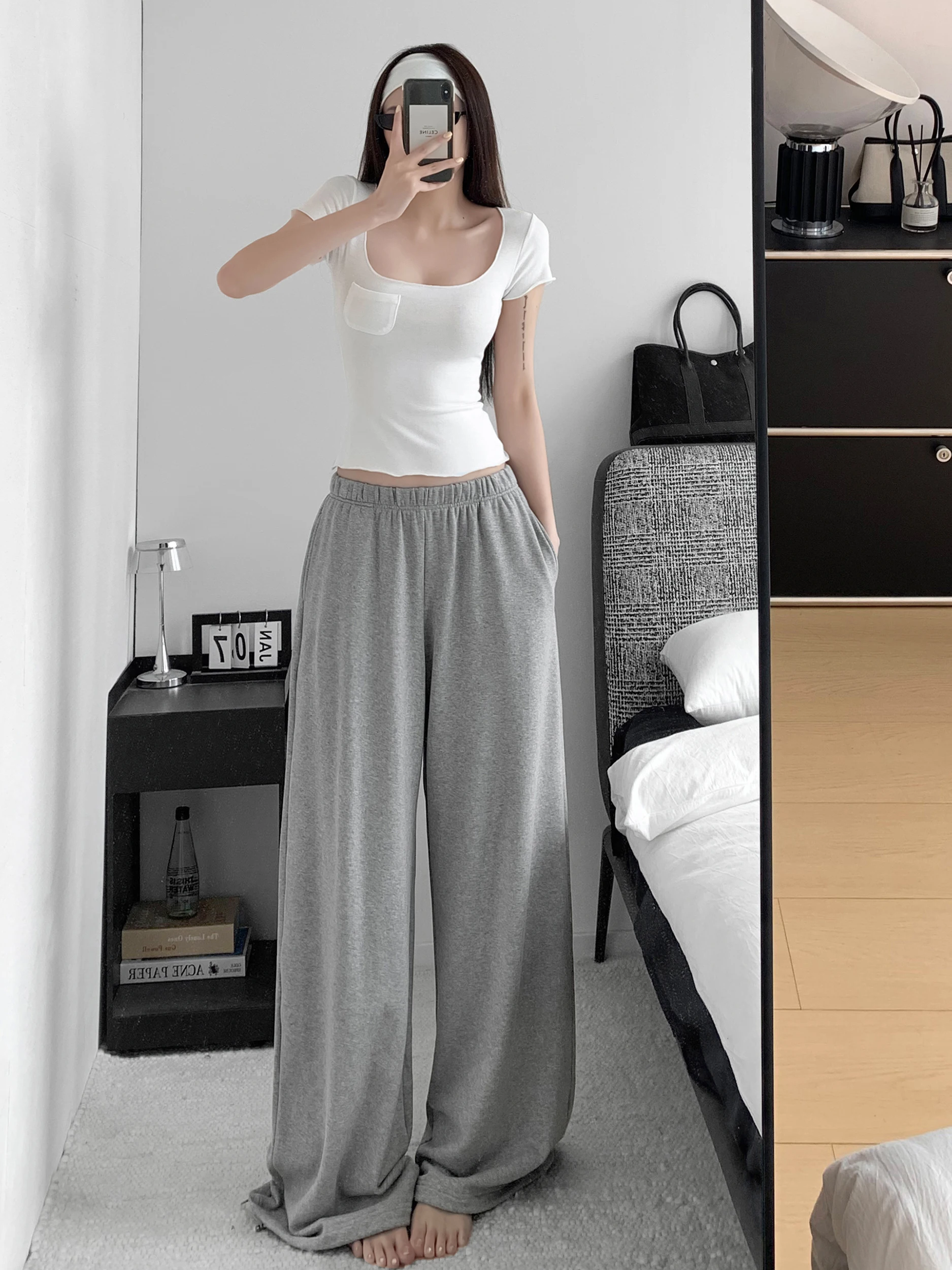 Loose Casual Grey Sports Pants Women's Spring Autumn New Style Draped Wide Leg Pants Comfortable Loose Fit Ladies Trousers
