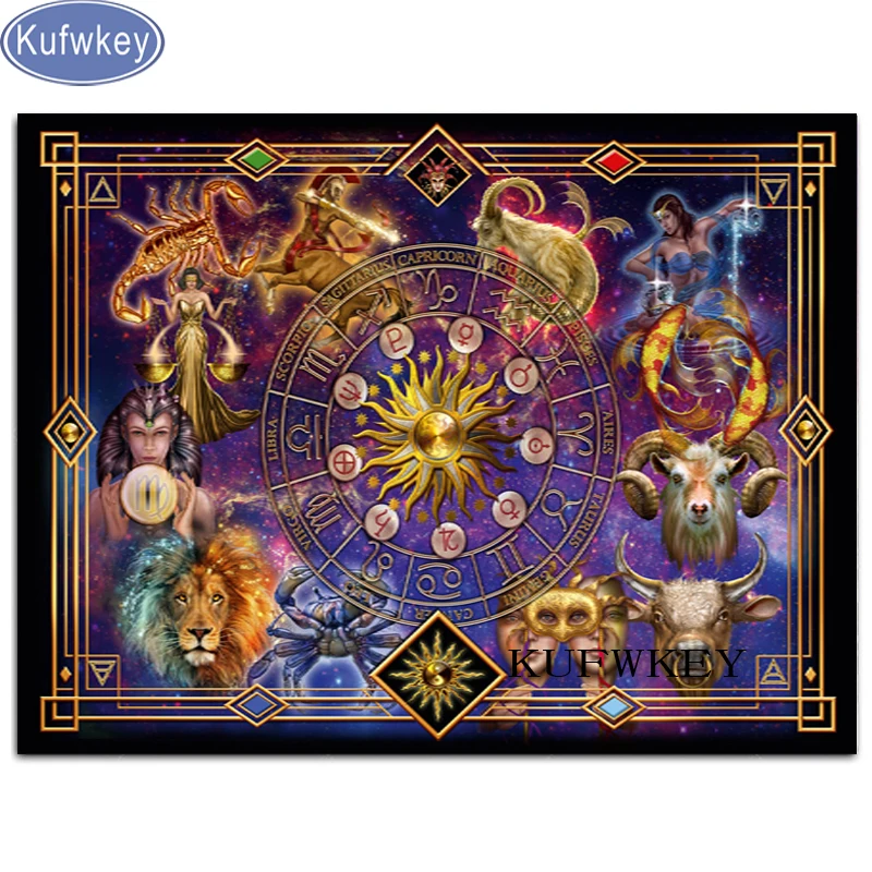 KUFWKEY Europe Resin diamond Painting full square round drill Zodiac Signs diamond mosaic Puzzles Cross Stitch Home Decor gifts