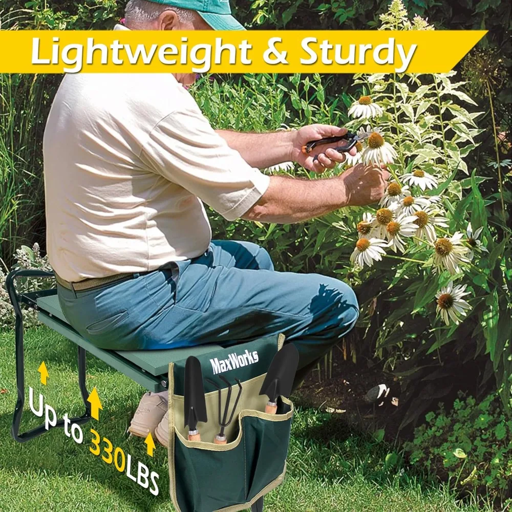 مقعد ركوع للحديقة قابل للطي مع وسادة واسعة مقاس 8 بوصات، وحقيبة أدوات لكبار السن والنساء لراحة الزراعة