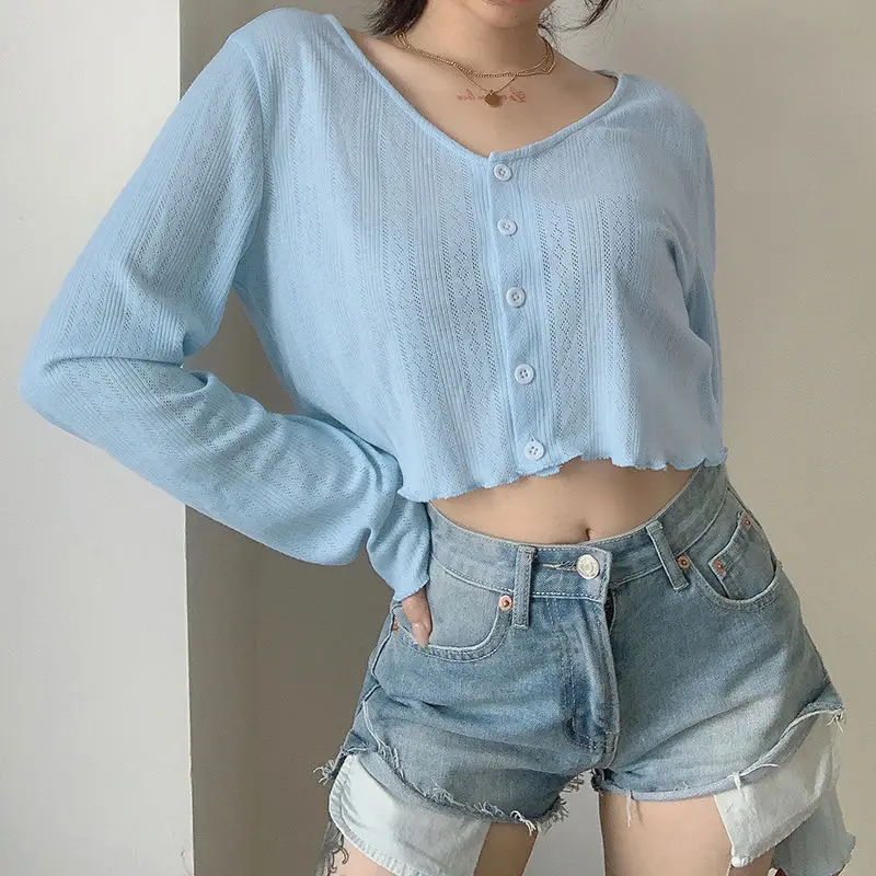 Cardigan Long Sleeve Sun Protection Cardigan 2024 Summer Solid Color Thin Women All Match Woman Korean Style Lace Up Crop Top