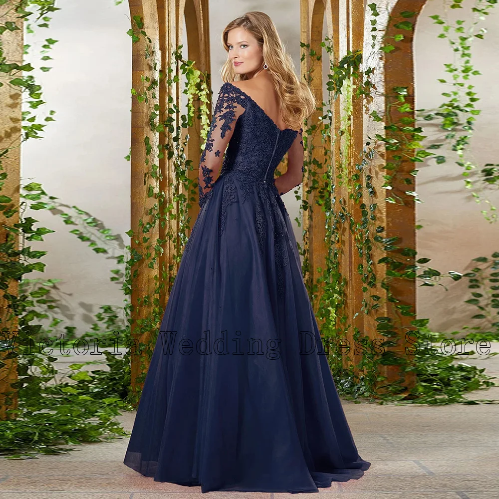 Elegante vestido azul marino para madre de la novia, manga larga con cuello en V, apliques de cuentas, longitud hasta el suelo