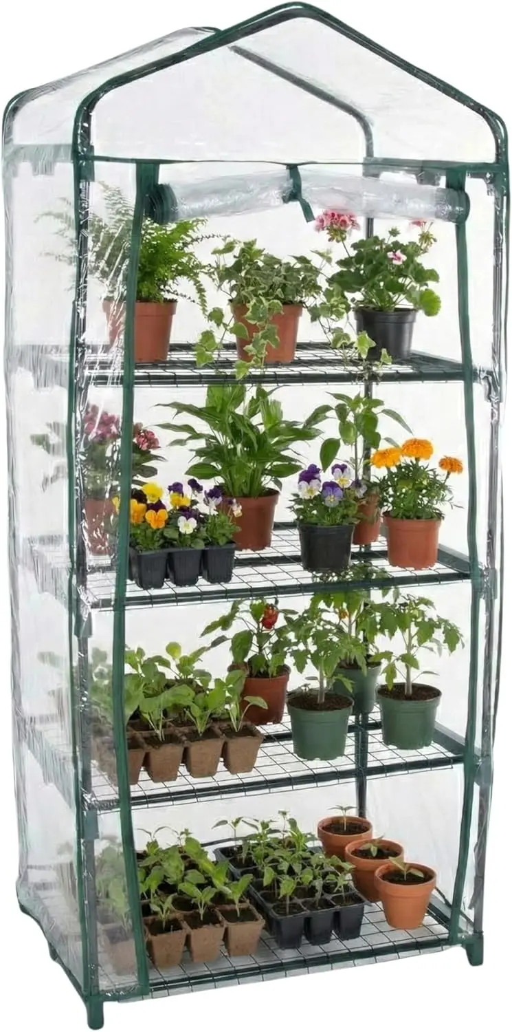 

4-уровневая мини-теплица с рамой из нержавеющей стали и ПВХ-покрытием для использования в помещении/на улице - 27,5x19x63 дюйма