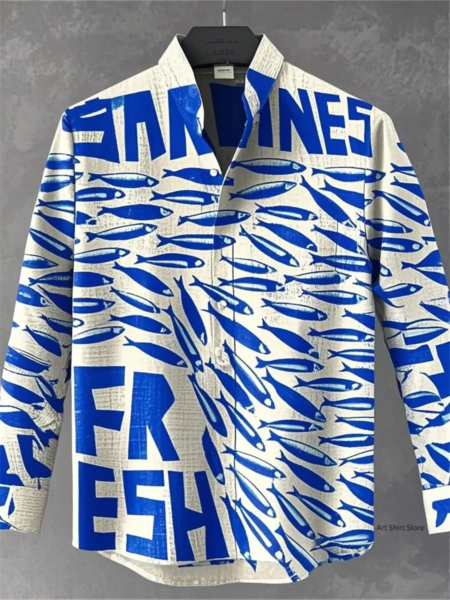 2025 Spring and Summer Men's New Fashion Elegant Fish Pattern Casual Trend Linen Long Sleeve Shirt Button Top Men's Casual Shirt